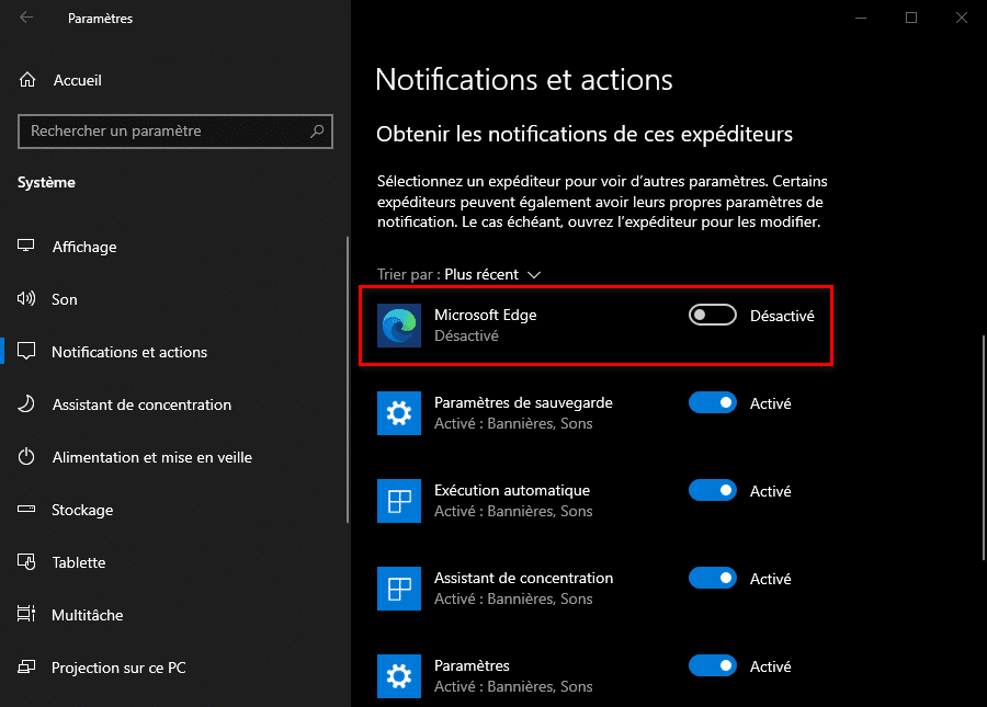 Désactiver les notifications de certaines applications dans les Paramètres de Windows 10