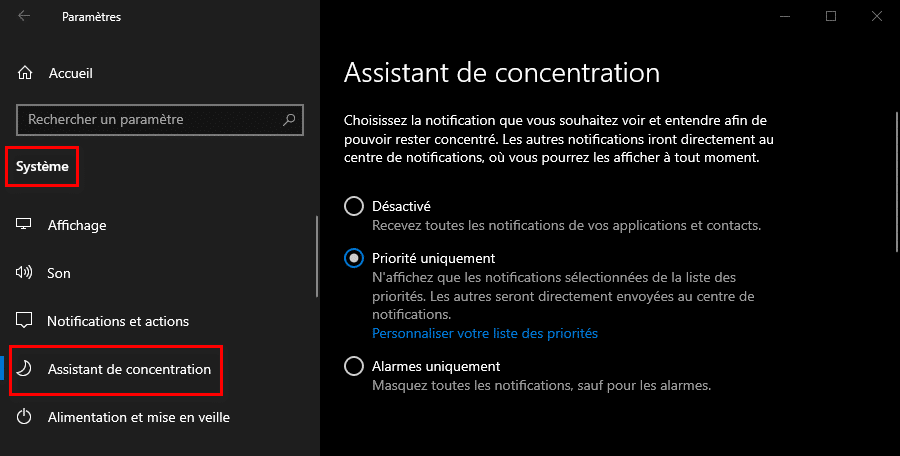 Désactiver les notifications de Windows 10 temporairement avec l'assistant de concentration