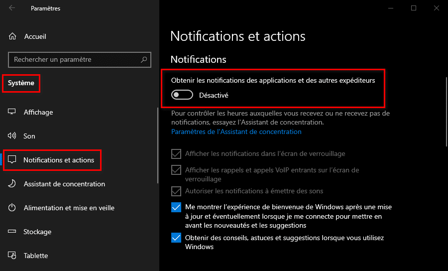 Désactiver obtenir les notifications des applications et des autres expéditeurs dans les Paramètres de Windows 10