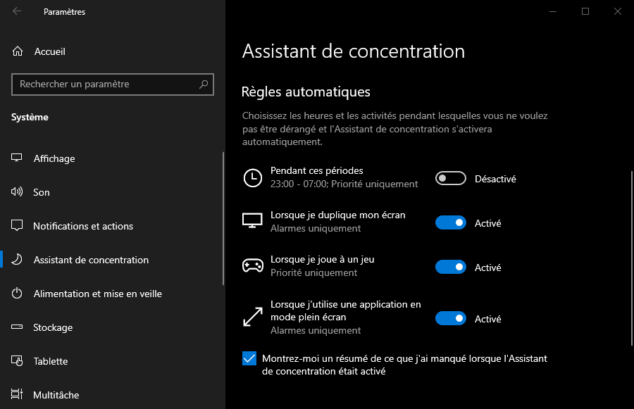 Personnaliser les notifications avec les règles automatiques de l'assistant de concentration de Windows 10