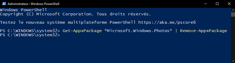 Désinstaller l'application Photos Windows 10 avec PowerShell