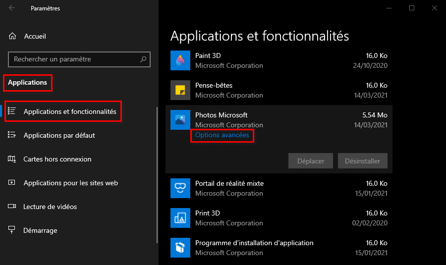 Options avancées de l'application Photos Microsoft dans Windows 10