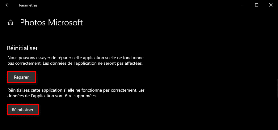 Réinitialiser l'application Photos Windows 10