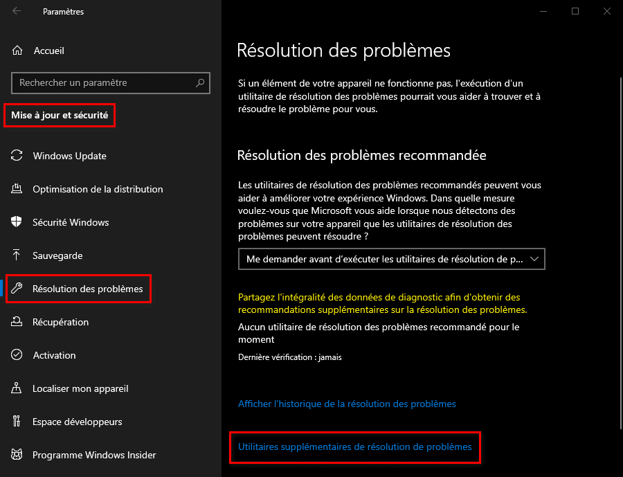 Utilitaires supplémentaires de résolution des problèmes dans Windows 10